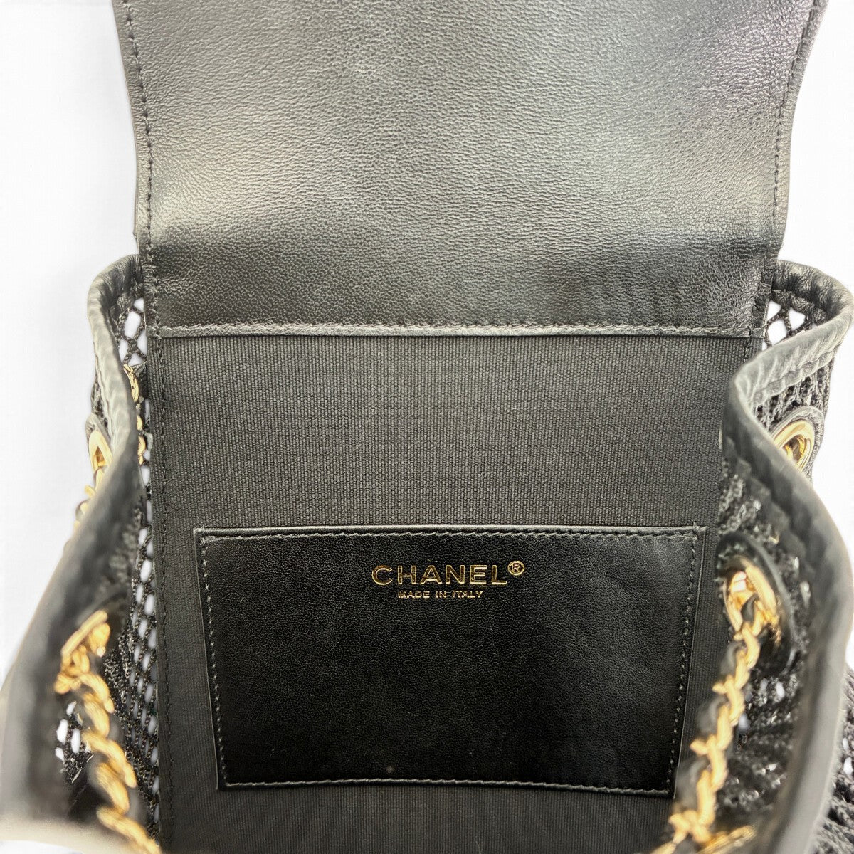 シャネル マトラッセ バックパック メッシュ ラムスキン ブラック シャンパンG金具 A93748
