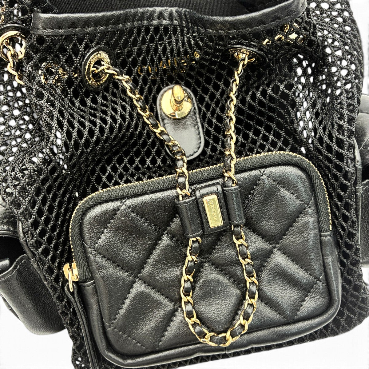 シャネル マトラッセ バックパック メッシュ ラムスキン ブラック シャンパンG金具 A93748