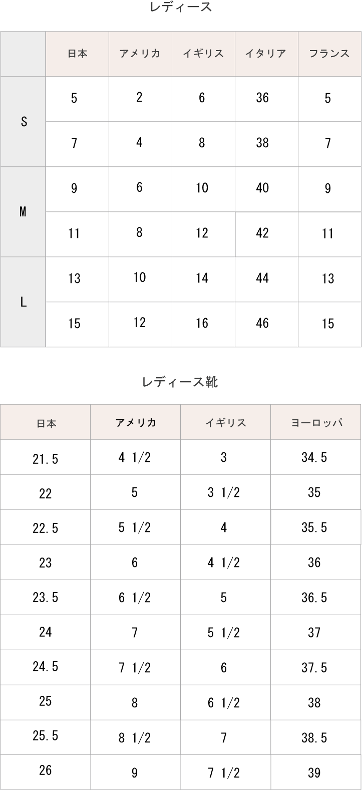 レディースアパレルサイズ表